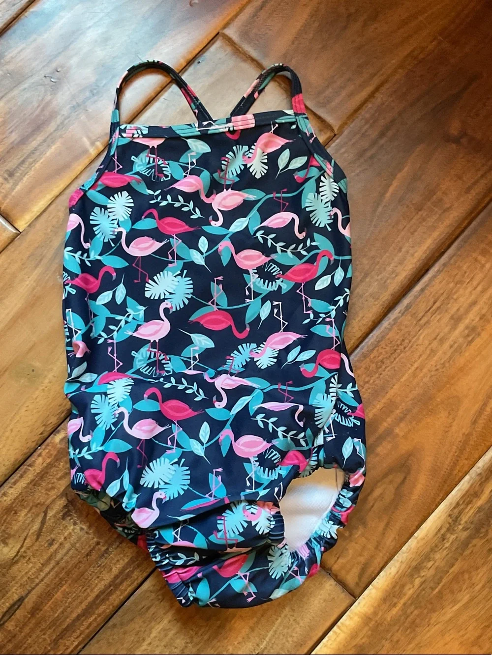 Girls Navy Flamingo Print One-Piece Swimsuit with Pink & Teal Accents